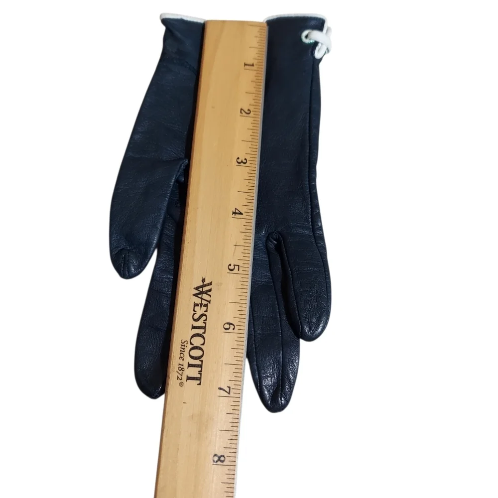 Vintage 50s 60s Navy Blue Leather Driving Gloves White Trim Mod Chic